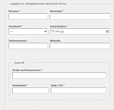 Online-Antragsformular mit Feldern für die antragstellende Person als natürliche Person wie beispielweise Vor- und Nachname, Geschlecht, Geburtsdatum, Telefonnummer, Webseite, Anschrift und Email-Adresse