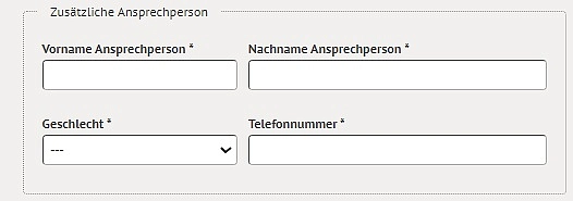 Online-Antragsformular mit Feldern für die zusätzliche Ansprechperson wie beispielweise Vor- und Nachname, Geschlecht, Telefonnummer und Email-Adresse