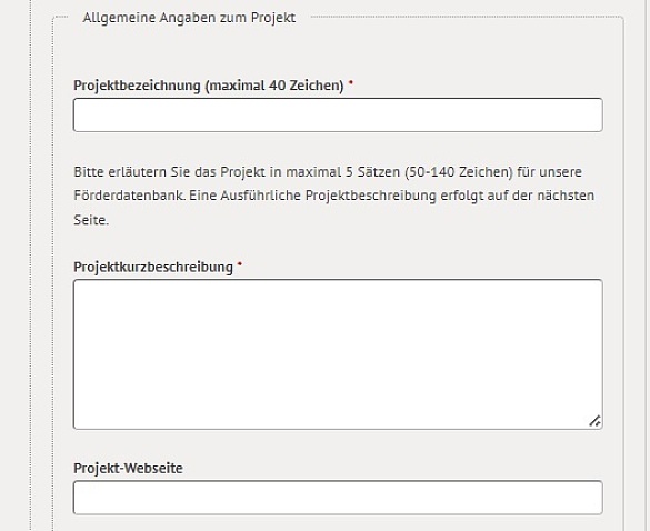Online-Antrag mit Feldern zur Angabe von Projektenbezeichnung und -beschreibung.