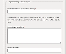 Online-Antrag mit Feldern zur Angabe von Projektenbezeichnung und -beschreibung.