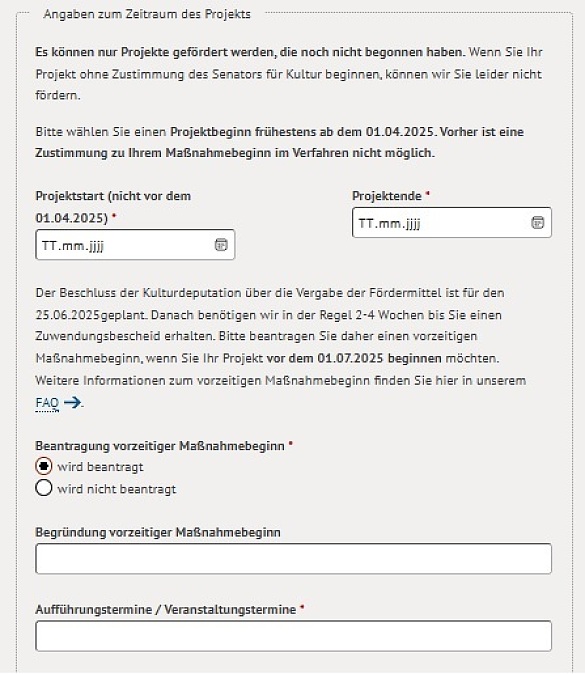 Online-Antrag mit Formularfelder für Projektbeginn und -ende sowie Beantragung vorzeitiger Maßnahmebeginn
