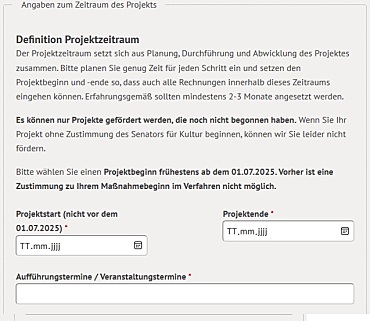 Online-Antrag mit Formularfelder für Projektbeginn und -ende sowie Beantragung vorzeitiger Maßnahmebeginn