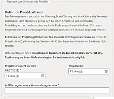 Online-Antrag mit Formularfelder für Projektbeginn und -ende sowie Beantragung vorzeitiger Maßnahmebeginn