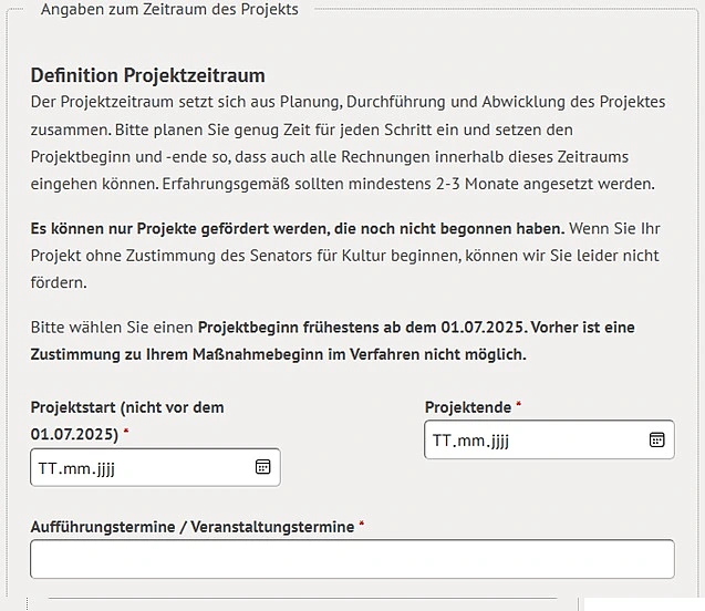 Online-Antrag mit Formularfelder für Projektbeginn und -ende sowie Beantragung vorzeitiger Maßnahmebeginn