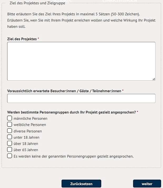 Online-Antrag mit Feldern zur Zielgruppe