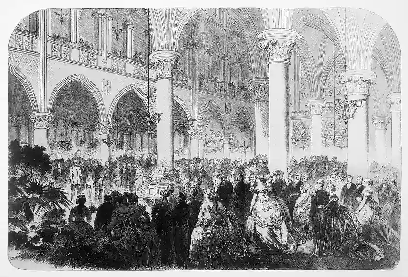Otto von Bismarck in the large stock exchange hall in Bremen (left with white uniform) at the reception for Wilhelm I of Prussia on 15 June 1869.