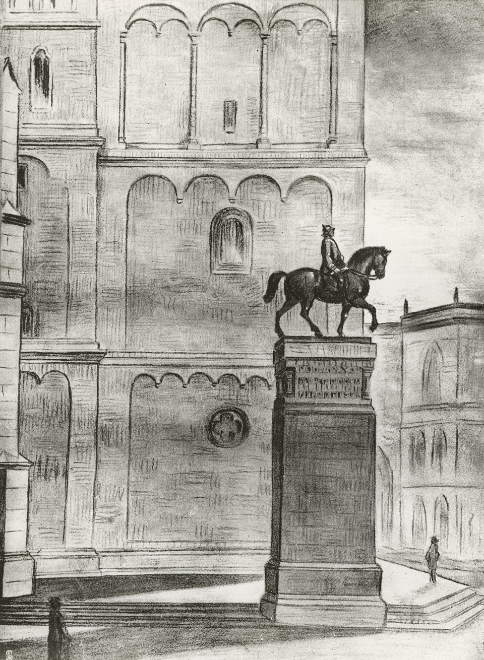 Design of the Bismarck monument by Adolf von Hildebrand, with the originally intended plinth height, 1904.