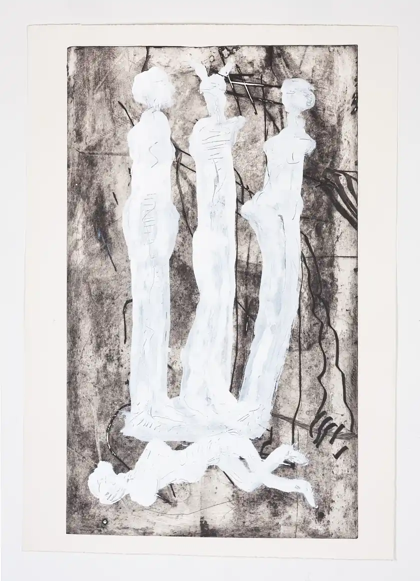 Aus der Reihe Falsches Tarot, 2024, übermalte Radierungen, je 60 x 80 cm